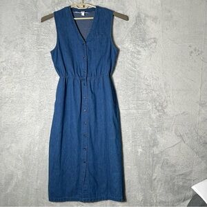 Vintage Lands End Denim Dress Womens 12 Sleeveless Button Up Pockets Maxi Sheath